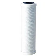 This drop-in water filter cartridge is designed for drinking fountains and beverage machines. It features polyphosphate filter media and is rated for 1.7 gpm flow with a 10,000 gallon capacity. The cartridge has an overall height of 9 3/4 inches. It is used to reduce sediment and scale, improving water taste and protecting equipment.