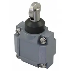 This roller plunger head features a side actuator location with an outside offset roller for momentary switching action. It is used in industrial automation to detect the position of moving machinery parts, such as in conveyors and packaging lines.