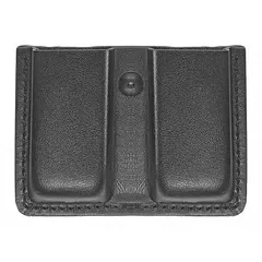 This duty equipment pouch is constructed from black synthetic leather with a plain finish. It measures 3 3/4 inches by 1 7/16 inches and features an open closure for quick access. Suitable for carrying magazines or similar items in security or tactical applications.