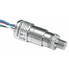 Piston-actuated miniature pressure switch with 1NO/1NC contact configuration, adjustable over 200 psi to 2,000 psi. Features 1/4" MNPT pressure connection and 3-18 AWG PVC insulated 12" wire leads. Used for monitoring and controlling pressure in hydraulic or pneumatic systems.