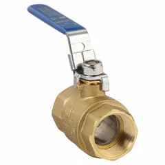 This brass ball valve features a straight body with female NPT threads on both ends and a full-port ball port for minimal pressure drop. The locking lever handle provides secure manual operation. Typical applications include on/off flow control in plumbing and industrial piping systems.