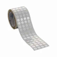 Aluminum foil tape disc with acrylic adhesive, 1 3/4 in diameter and 2.8 mil thick. Used for electroplating masking to protect specific areas during metal finishing processes. Supplied in a 250-pack.