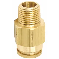 Brass push-to-connect adapter fitting with 1/4 in OD tube size and 1/4 in male NPT thread. Used in pneumatic and air brake systems to connect tubing to threaded ports without tools. Provides a secure, leak-free connection.
