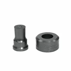 Round punching die set consisting of a 7/8 in punch and a 29/32 in die. Overall length is 4 in. Used in ironworkers for punching round holes in metal workpieces.