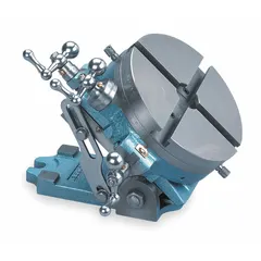 This cross-slide rotary machining table from PALMGREN has a 10-inch diameter, 5/8-inch T-slot width, and 4-inch dimension. It is used for precision angular and linear positioning of workpieces in milling, drilling, and grinding operations.