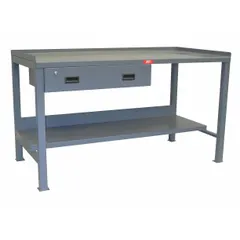 Fixed-height steel workbench with a 72 x 30-inch top, gray finish, and 3,000 lb overall load capacity. Includes drawers and lower shelves for organized storage. Suitable for heavy-duty assembly, maintenance, and repair tasks in industrial environments.