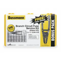 This BUSSMANN fuse kit contains CC fuses from series KTK-R covering a 0.5 A to 30 A range. It includes a fuse tester/puller and wire strippers for installation and maintenance. Suitable for overcurrent protection in control panels and branch circuits.