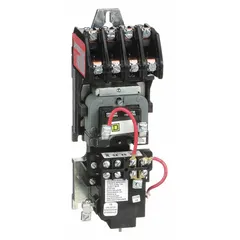 This mechanically held lighting contactor from SQUARE D features 4 poles, a 30 A rating, and a 120V AC coil. It is designed for switching lighting loads in commercial and industrial facilities, providing reliable on/off control for large banks of lights or other non-motor loads. The latching mechanism maintains contact position without continuous coil power.