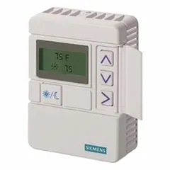 Surface-mount indoor temperature sensor with cable connection and integrated setpoint. Designed for use with Siemens Terminal Equipment Controllers (TEC) in HVAC systems. Operates within a 55° to 95°F range.