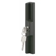 Sliding door lock with a width of 1 inch and height of 7 1/4 inches. Used to secure sliding doors in commercial and industrial settings, restricting access or preventing unintended movement.