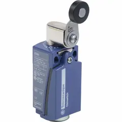 Roller lever limit switch from the XCKD series with a 0.22 in roller width and 90° actuation. Equipped with two mounting holes and screw clamp terminals for electrical connection. Used in industrial automation for position detection and travel limit sensing on conveyors, packaging lines, and machine tools.