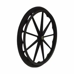 This 24-inch overall width aluminum rear wheel includes a hand rim and is designed for use with Everest and Jennings manual wheelchairs. It serves as a replacement component in healthcare, home care, and institutional settings.