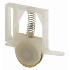 This roller assembly is designed for use in sliding screen doors, providing smooth guidance and support. It measures 6 13/32 inches in both overall height and length, with a white, unfinished finish. Suitable for residential and light-commercial door applications.