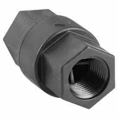 This polypropylene poppet check valve features an inline valve body with female connections for 1/2 in pipe size. The spring-loaded poppet mechanism prevents backflow in piping systems handling water, chemicals, or air. Its polypropylene construction offers corrosion resistance for industrial fluid applications.