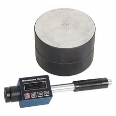 Handheld hardness tester with Leeb scale and tungsten indenter, accuracy ±6 HLD. Converts to Brinell, Rockwell, Shore, and Vickers scales. Designed for cast iron testing. USB interface for data transfer.