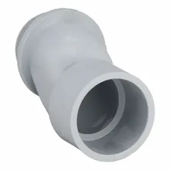 This PVC offset threaded conduit adapter has a 1-1/4 in trade size with 1-1/4 in female threads. It is used to connect threaded conduit to enclosures or junction boxes at an offset angle, accommodating slight misalignment in electrical raceway runs.