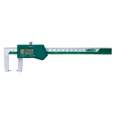 This cabled digital caliper features interchangeable points for outside and outside neck measurements. With a range of 0-6 in (0-150 mm), accuracy of +/-0.0016 in, and resolution of 0.0005 in (0.01 mm), it is suited for measuring recesses, grooves, and other hard-to-reach features in machined parts.
