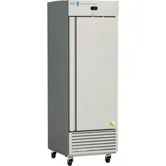 General purpose upright lab refrigerator with 25 cu ft capacity. Maintains temperature range of 3°C to 8°C. Features a solid right-opening door, gray/silver finish, and temperature alarm. Uses R-290 refrigerant. Overall depth 32 1/4 in. Suitable for storage of temperature-sensitive materials in laboratory environments.