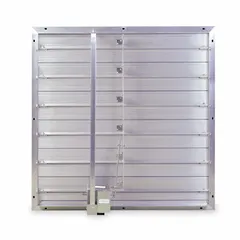 Rectangular motorized control damper with aluminum construction and flat blade design. Measures 39 inches high by 39 inches wide with a 1 1/2 inch flange width. Operates on 100/240V AC with normally open switch action. Suitable for regulating airflow in HVAC duct systems, including commercial ventilation and exhaust applications, with a maximum air velocity of 3500 fpm.
