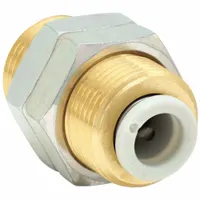 Push-to-connect union fitting for joining two 6 mm OD tubes in pneumatic systems. Brass construction with white finish. Enables tool-free connection and disconnection for air lines and control circuits