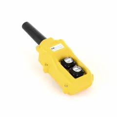 This push-button pendant features two momentary push buttons with On/Off legend, providing 1NO/1NC contact configuration. The thermoplastic enclosure meets NEMA 4/4X ratings for resistance to water and corrosion. AC contact rating is 5 A at 125/240 V, DC contact rating is 2 A at 24 V. Suitable for remote control of industrial equipment such as hoists, conveyors, and cranes.