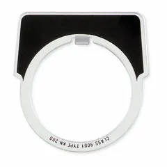 Half-round metallic legend plate with black background and silver aluminum construction. Features English 'Man-Auto' legend and notch orientation. Designed for 30 mm panel mounting, overall height 1 3/4 in, width 1 5/8 in. Used to label push-button stations in industrial control panels for manual or automatic mode indication.