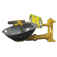 Wall-mount eyewash station with eyes and face coverage, featuring an uncovered stainless steel bowl and push-plate activation. Designed for emergency decontamination in industrial facilities, laboratories, and workshops. Plumbed for permanent installation.