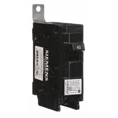 Single-pole miniature circuit breaker rated 40 A at 120/240V AC, part of the BL Series. Provides overcurrent protection in single-phase electrical systems. Designed for bolt-on installation in Siemens P1 panelboards. Maximum AIR rating of 22kA at 120/240V AC.