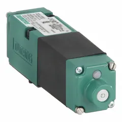 Four-way, two-position solenoid valve with single solenoid, non-locking, spring-return design. Operates on 24V DC with plug-in electrical connection. Directs compressed air to actuate double-acting cylinders or other pneumatic devices in industrial automation systems.
