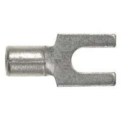 Non-insulated fork terminal for #6 stud size, accepting 22 AWG to 16 AWG wire. Standard fork shape with a voltage rating of 2000 V. Used for secure, removable connections in control panels, industrial machinery, and electrical distribution systems.