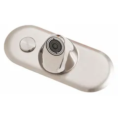 Centerset, chrome-finished brass faucet with manual button operation. Powered by a 9V DC battery and designed for a single tempered water supply line. Suitable for touch-free use in commercial restroom environments.