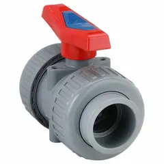 This two-piece CPVC ball valve features a straight body with socket x FNPT connections and a lever handle for manual operation. It is used in industrial piping systems for on/off control of fluids, including water and corrosive media.