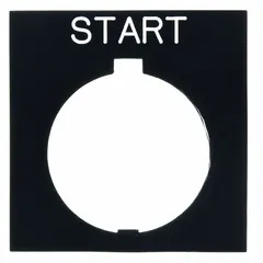 Rectangular non-metallic plastic legend plate for 30 mm panel mounting. Features a black body with white 'Start' legend in English and a notch design. Overall dimensions: 1 in height x 1 1/2 in width. Used to identify push-button functions in industrial control panels and machinery.