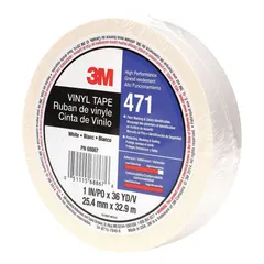 Solid white vinyl floor marking tape for industrial delineation of aisles, work zones, and storage areas. Tape thickness is 5.2 mil, width 1 inch, length 108 feet. No legend printed on the tape.