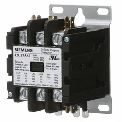 Three-pole non-reversing definite purpose contactor rated 40 A at 277V AC, with a maximum voltage rating of 600V AC. Coil voltage is 240/277V AC. Main pole contact form is 3NO. Terminals accept quick disconnect and screw/box lug connections. Surface mount design. Suitable for switching loads in HVAC, refrigeration, and industrial machinery.