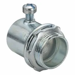 This steel set screw conduit connector is used to terminate and secure electrical conduit to junction boxes, enclosures, or equipment. It provides a grounded mechanical connection in commercial and industrial wiring systems. The non-insulated design is suitable for applications where grounding continuity is required.