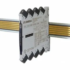 DIN Rail-mountable signal conditioner for RTD temperature inputs. Selectable temperature ranges via dip-switches. Used in process control and industrial automation systems to convert sensor signals to standardized outputs.