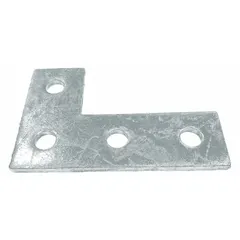 Steel corner plate with electroplated silver finish. Used to join and reinforce strut channel framing in support systems for mounting piping, conduit, and equipment.