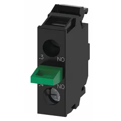 This contact block from Siemens is part of the 3SU1 series, designed for 22 mm panel mounting. It features one normally open (NO) contact with momentary switch action and screw terminals for wiring. Typical applications include industrial control panels for momentary switching in machinery and process control systems.
