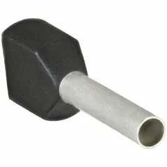 Insulated ferrule for terminating two stranded wires into a terminal block. Features a black polypropylene sleeve with 0.1 in ferrule diameter. Suitable for use in control panels and electrical distribution systems.