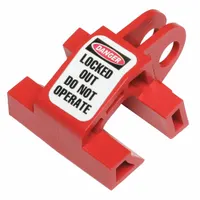Clamp-on lockout device designed for multi-pole circuit breakers rated at 120/277V AC. Used in lockout/tagout procedures to secure breakers in the off position, preventing accidental re-energization during maintenance. Supplied as a 3-pack. Does not include a cable tie slot