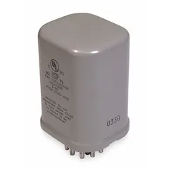 This socket-mounted relay from Dayton's B Series features a 3PDT contact configuration rated for 12 A at 12V DC. It uses a plug-in octal base for easy installation in industrial control panels and automation systems. The hermetically sealed construction protects internal components from dust and moisture, making it suitable for demanding environments.