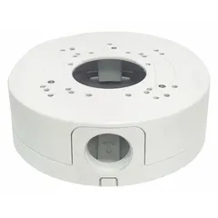 Aluminum junction box in ivory finish for dome cameras. Features screw mounting and cable management. Includes mounting hardware. Compatible with Transcendent series and model VTD-T4D6HR2MD.
