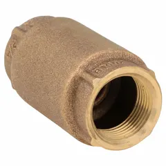 This bronze poppet check valve features an inline body with FNPT female threaded ends on both sides. The 3/4 in pipe size and spring-loaded poppet design allow flow in one direction while preventing backflow. Suitable for use in water, oil, and gas piping systems to protect pumps and equipment.