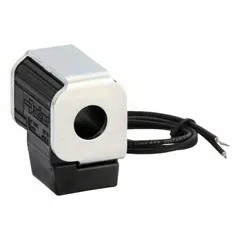 12V DC cartridge valve coil with double lead wire connection. Glass filled Rynite housing. Used to actuate cartridge valves in hydraulic systems for directional control, pressure regulation, and flow management.