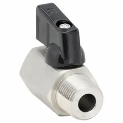 This one-piece mini ball valve is made of 316 stainless steel for corrosion resistance. It features a wedge handle for manual on/off flow control. Suitable for compact piping systems in industrial, chemical, food processing, and marine applications.