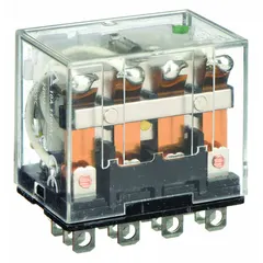 Plug-in relay with square base and 14 flat pins for socket mounting. Features 4PDT contact configuration rated 10 A at 24V DC resistive load. Quick-connect terminals facilitate wiring. Commonly used in industrial control panels, automation systems, and machinery for switching loads such as motors, conveyors, and HVAC equipment.