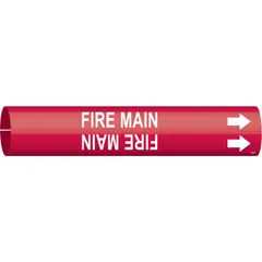 Red snap-on pipe marker with white legend reading 'Fire Main' and directional arrows. Fits pipe outer diameters from 3/4 to 1-3/8 inches. Used to identify fire main piping in industrial and commercial facilities for safety and emergency response.