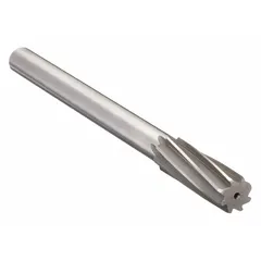 This chucking reamer has a 1.25-inch diameter and 1 1/4-inch size, with a spiral flute and right-hand flute direction. Made of high-speed steel, it is used for enlarging and finishing precision holes in metal during machining operations.