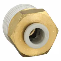 Brass push-to-connect adapter fitting for 6 mm OD tubing with 3/8" BSPT male thread. Enables tool-free connection in pneumatic and fluid systems for air lines, lubrication, or coolant circuits